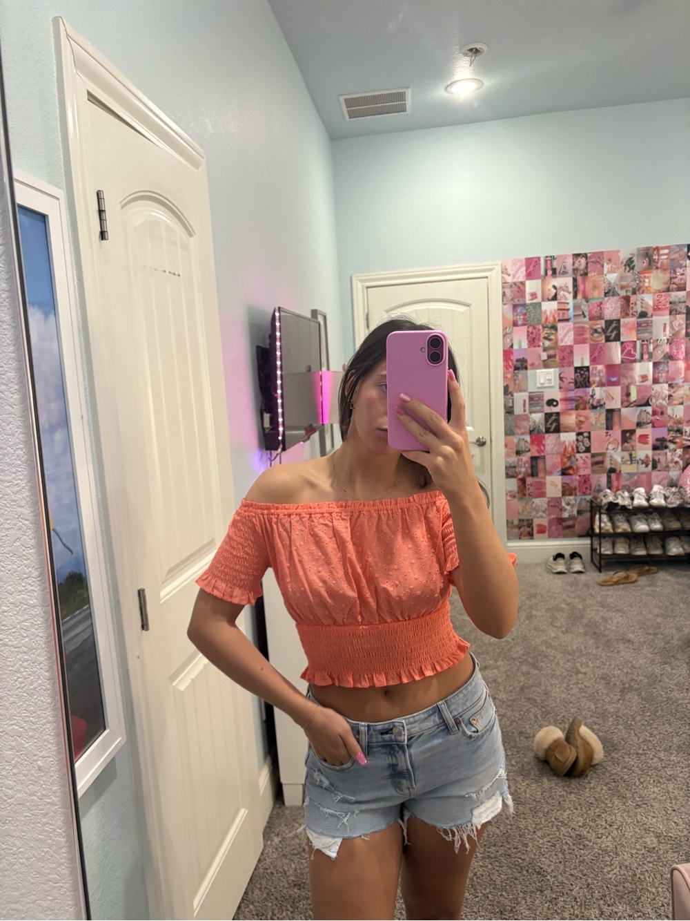 Women’s Smocked Off-Shoulder Eyelet Crop Top - Orange
